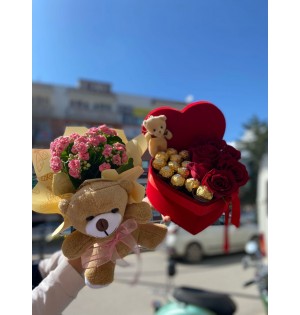 Kalpli Kutu Gül, Ayıcık, Kalanşo ve Ferrero Rocher Aranjmanı